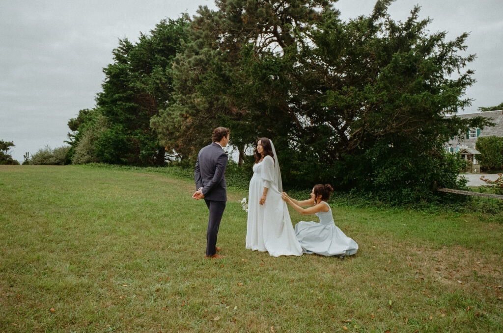 Film photograph of bride and groom on wedding day in Cape Cod