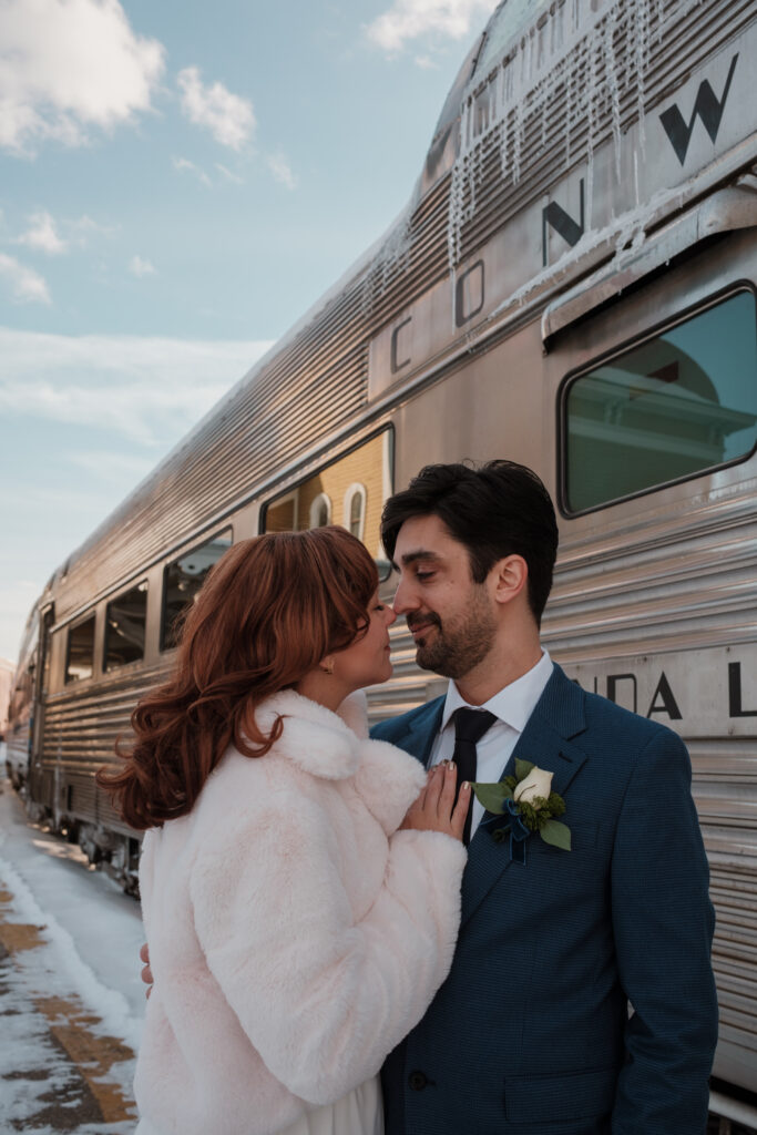 Bride and groom on Conway Scenic Railway in North Conway New Hampshire
