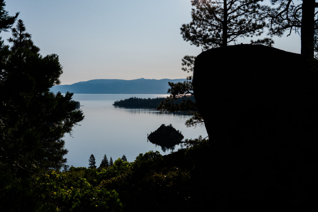 Morning light over the lake during a romantic Emerald Bay elopement